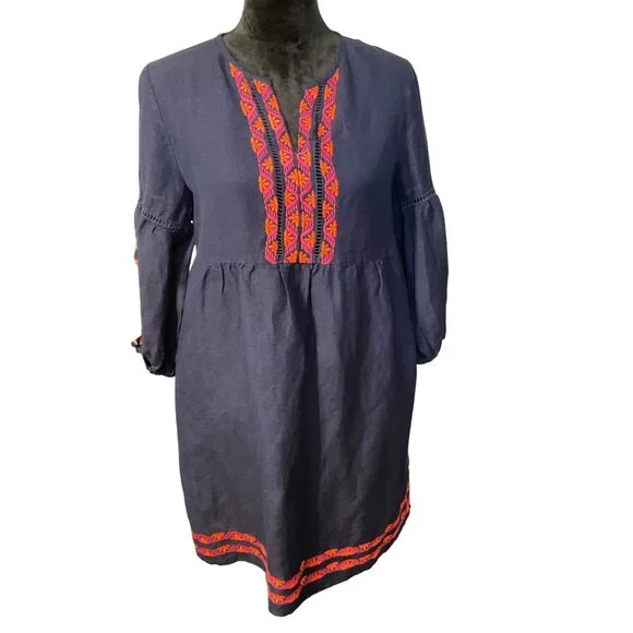 Vintage-Inspired Navy Blue Embroidered Boho Dress With Floral Sleeves & Red-Pink - Picture 1 of 5